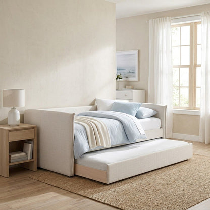 Twin Daybed with Pop-Up Trundle, Cream Linen Textured Fabric