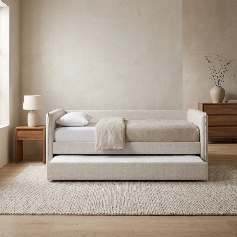 Twin Daybed with Pop-Up Trundle, Cream Linen Textured Fabric