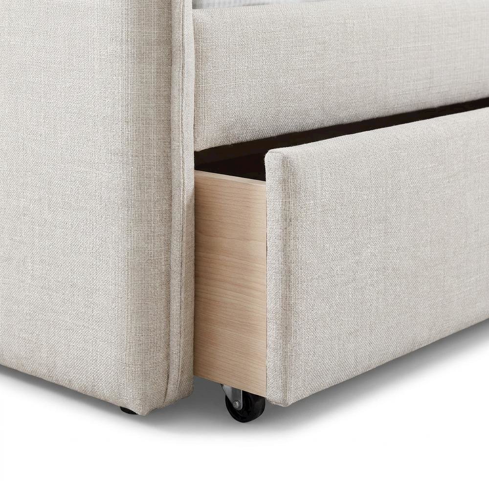 Twin Daybed with Pop-Up Trundle, Cream Linen Textured Fabric