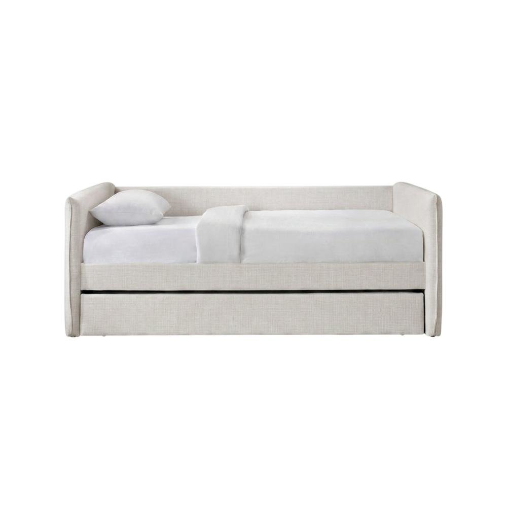 Twin Daybed with Pop-Up Trundle, Cream Linen Textured Fabric