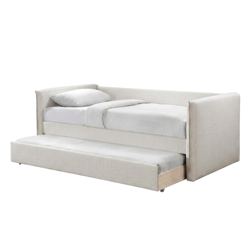 Twin Daybed with Pop-Up Trundle, Cream Linen Textured Fabric