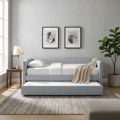 Twin Daybed with Pop-Up Trundle, Grey Linen Textured Fabric