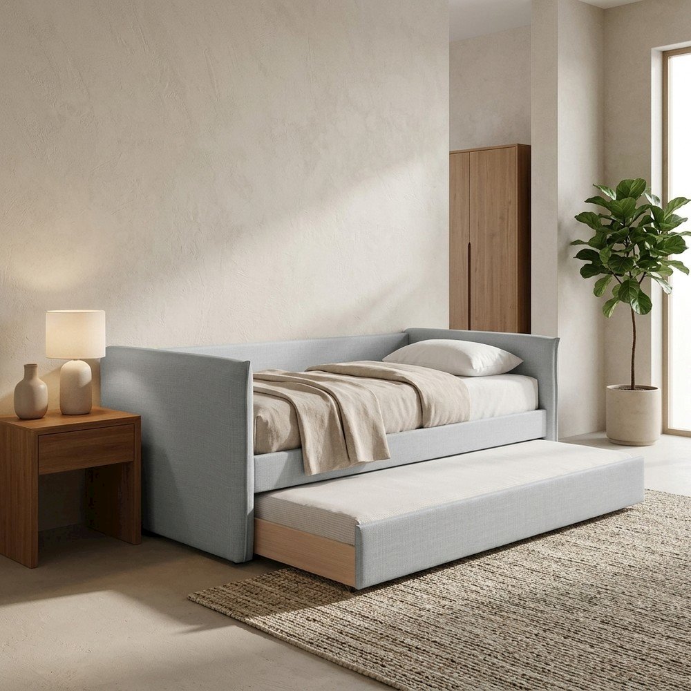 Twin Daybed with Pop-Up Trundle, Grey Linen Textured Fabric