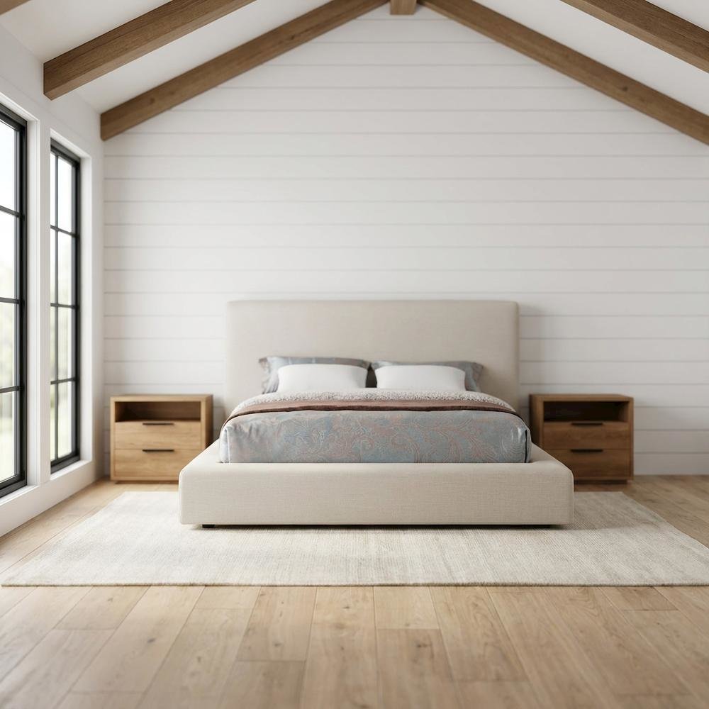Linen Platform Bed Frame, with Storage, Beige Linen Textured Fabric, King