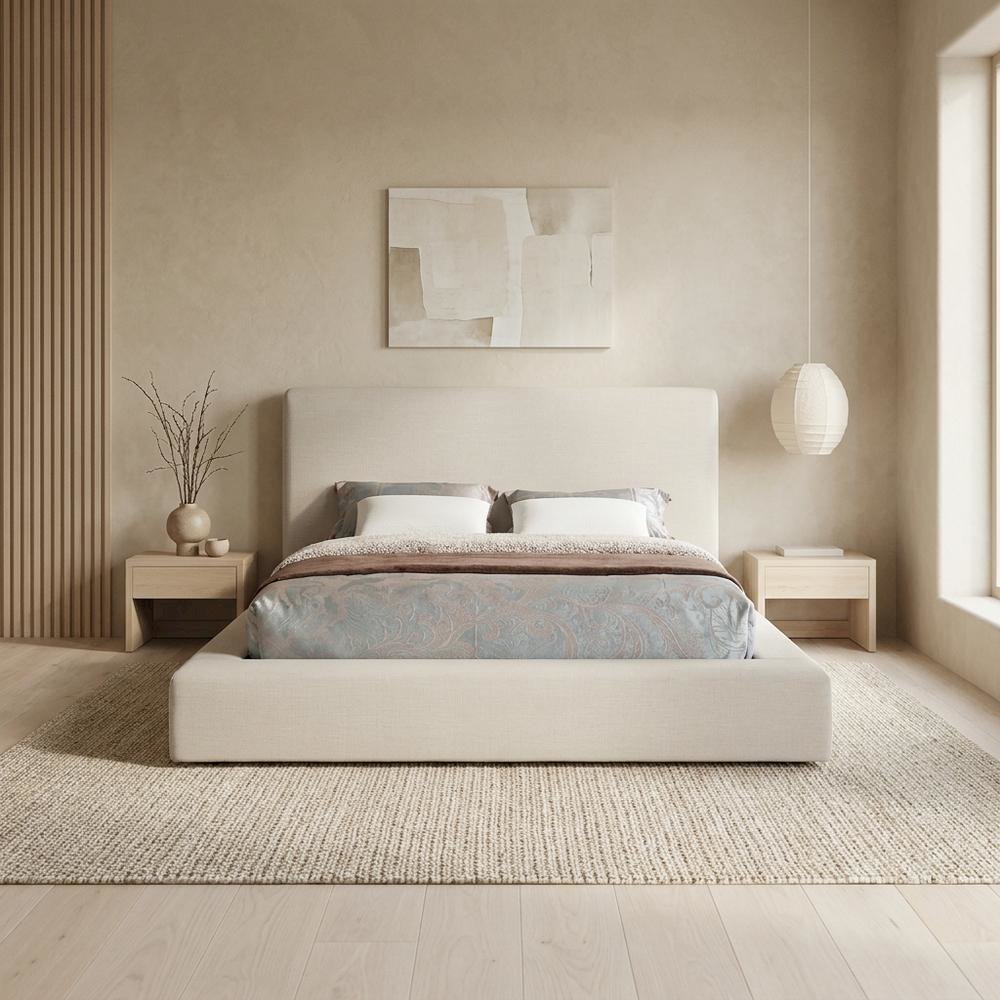 Linen Platform Bed Frame, with Storage, Beige Linen Textured Fabric, King