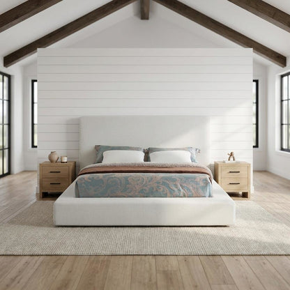 Linen Platform Bed Frame, with Storage, Cream Linen Textured Fabric, Queen
