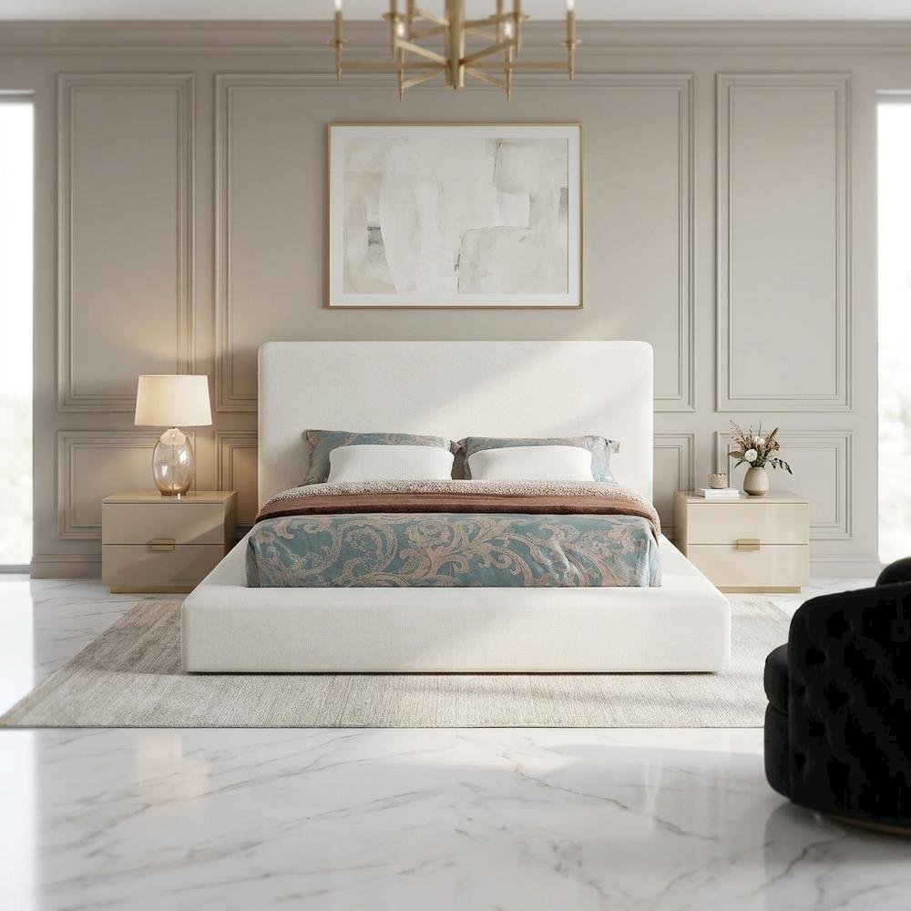 Linen Platform Bed Frame, with Storage, Cream Linen Textured Fabric, Queen