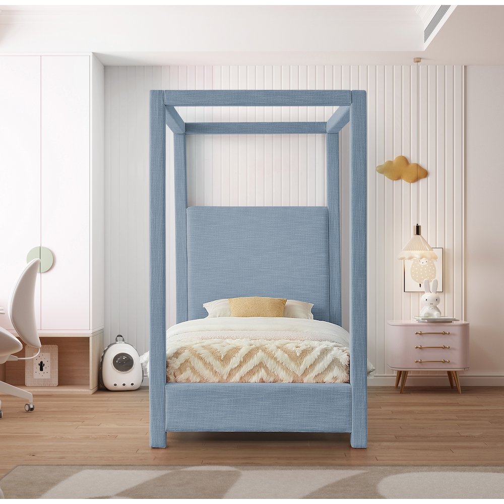 Emerson Sky Blue Linen Textured Fabric Twin Bed