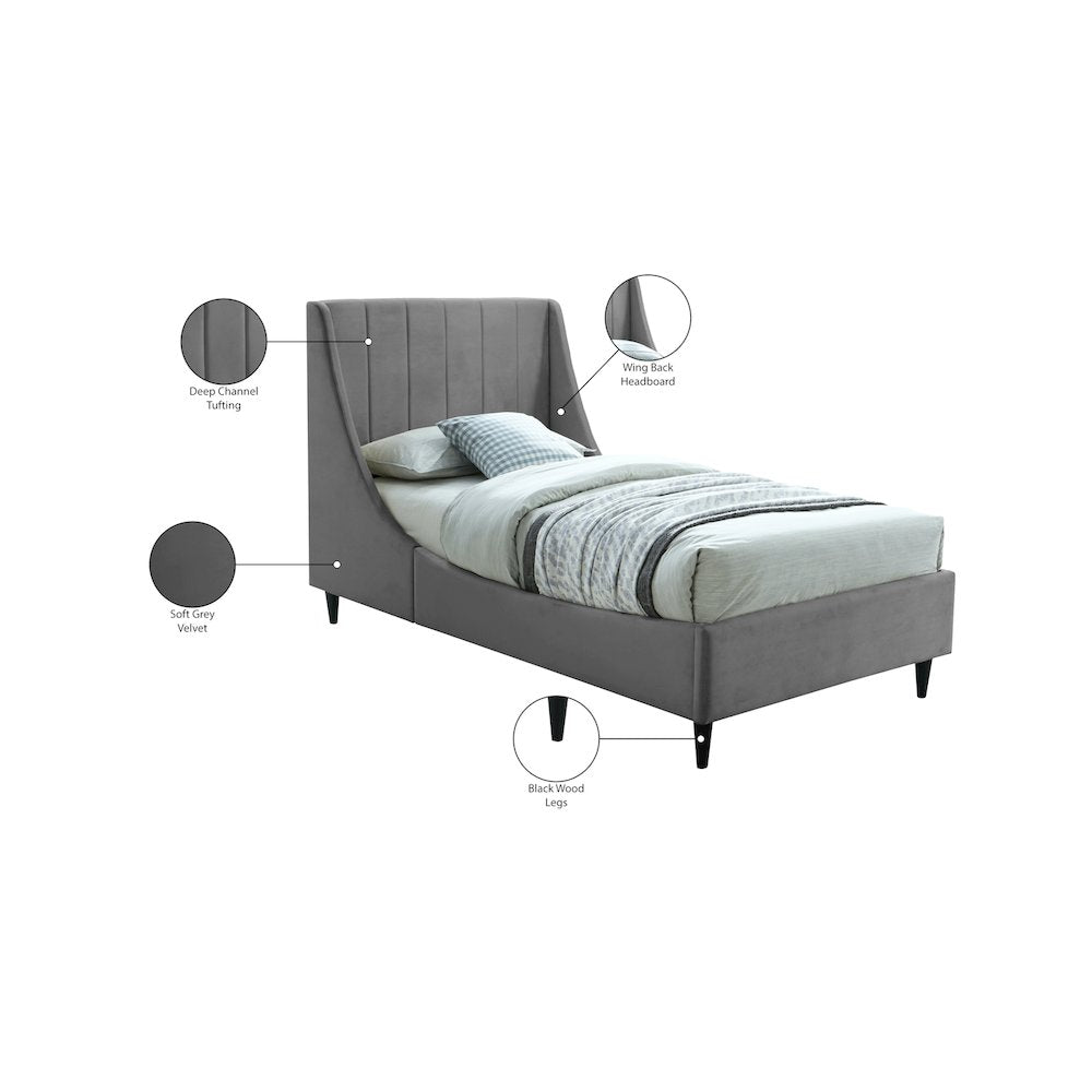 Eva Grey Velvet Twin Bed