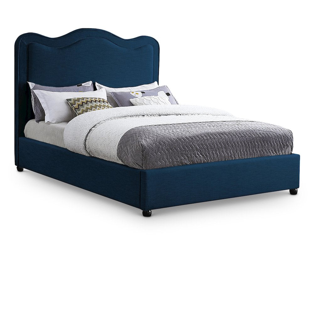 Platform Bed with Camelback Headboard, Navy Linen Textured Fabric, Full