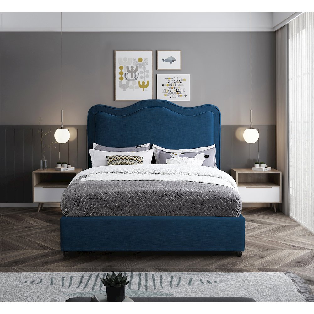 Felix Navy Linen Textured Fabric Queen Bed