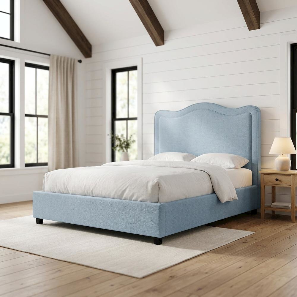 Linen Textured Fabric Platform Bed, Light Blue Linen Textured Fabric