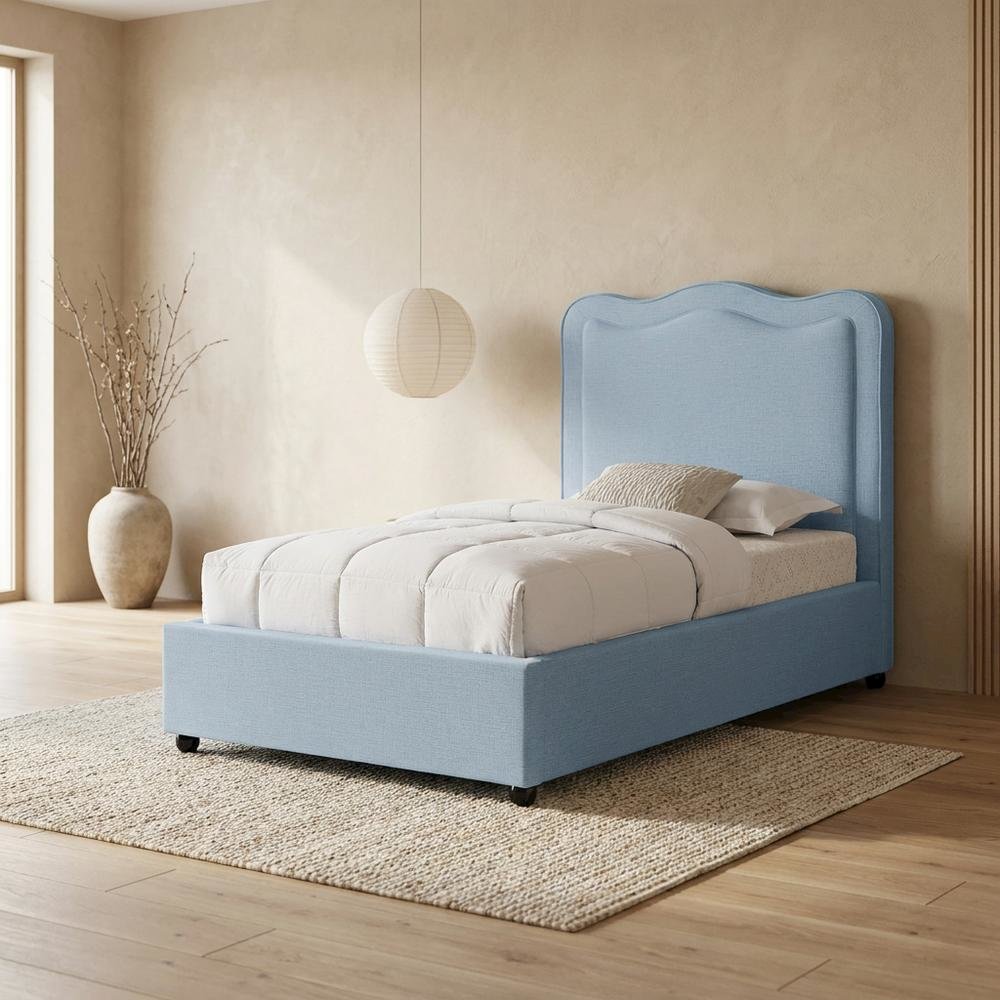 Linen Textured Fabric Platform Bed, Light Blue Linen Textured Fabric