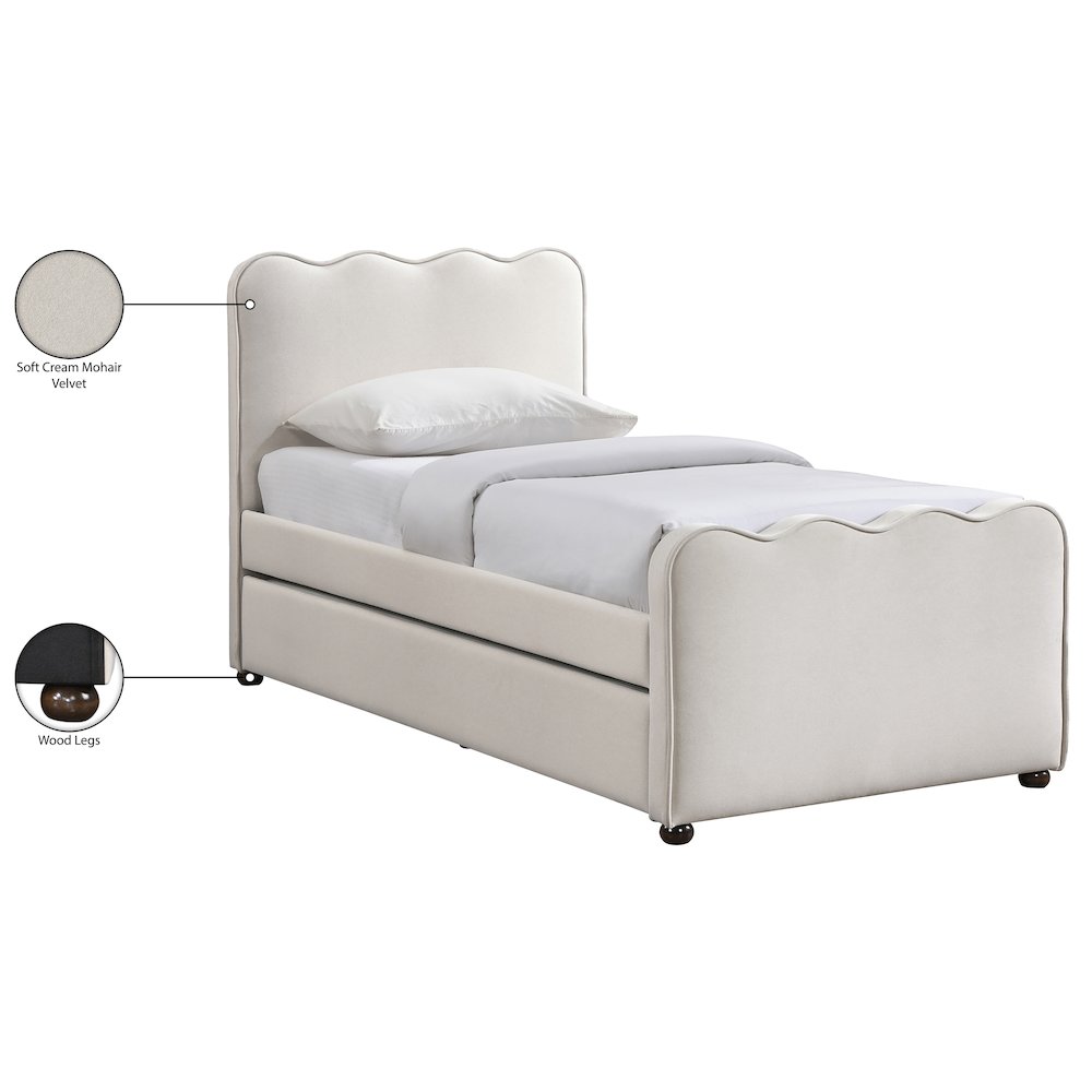 Gatsby Cream Mohair Velvet Upholstered Twin Trundle Bed