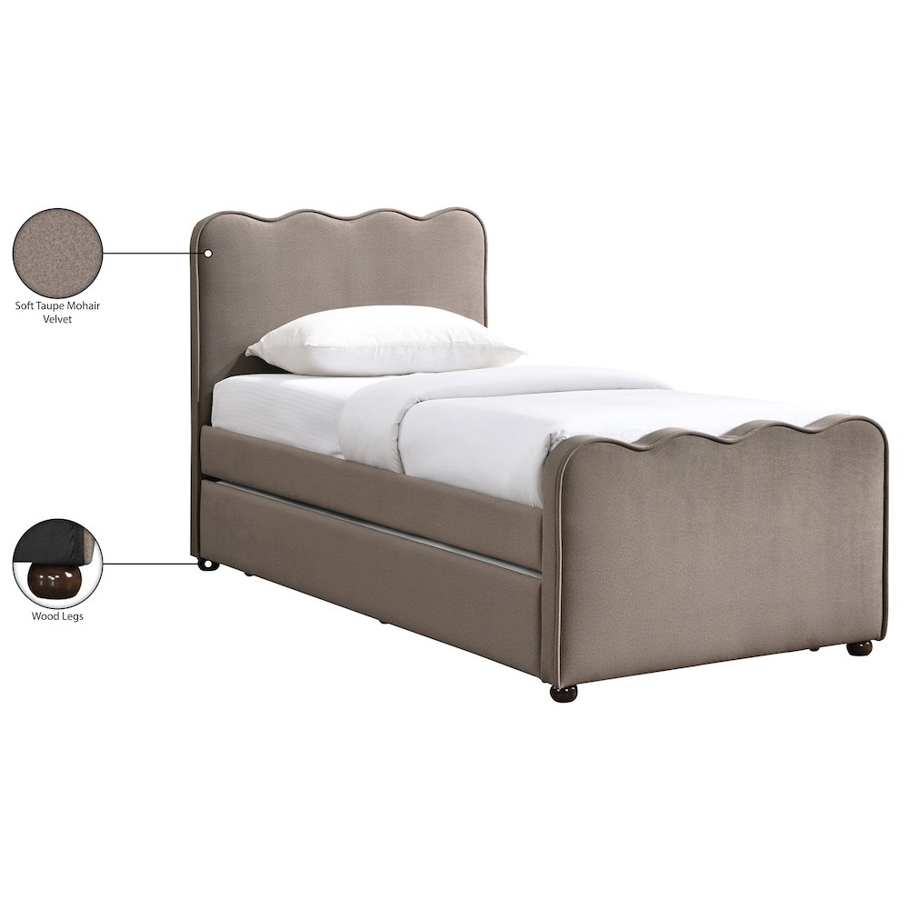 Gatsby Taupe Mohair Velvet Upholstered Twin Trundle Bed