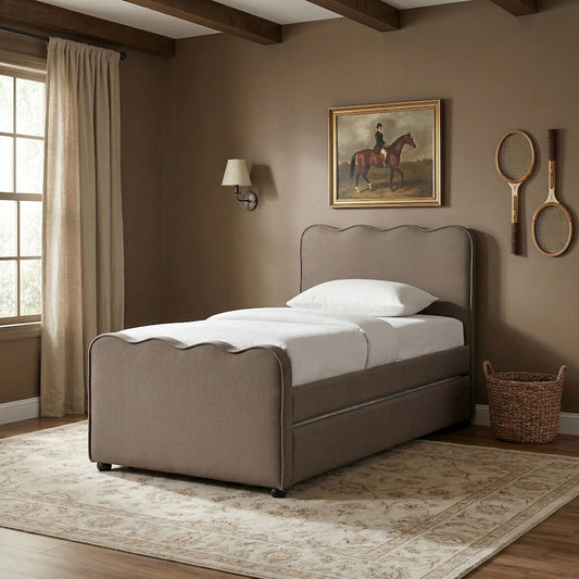 Gatsby Taupe Mohair Velvet Upholstered Twin Trundle Bed