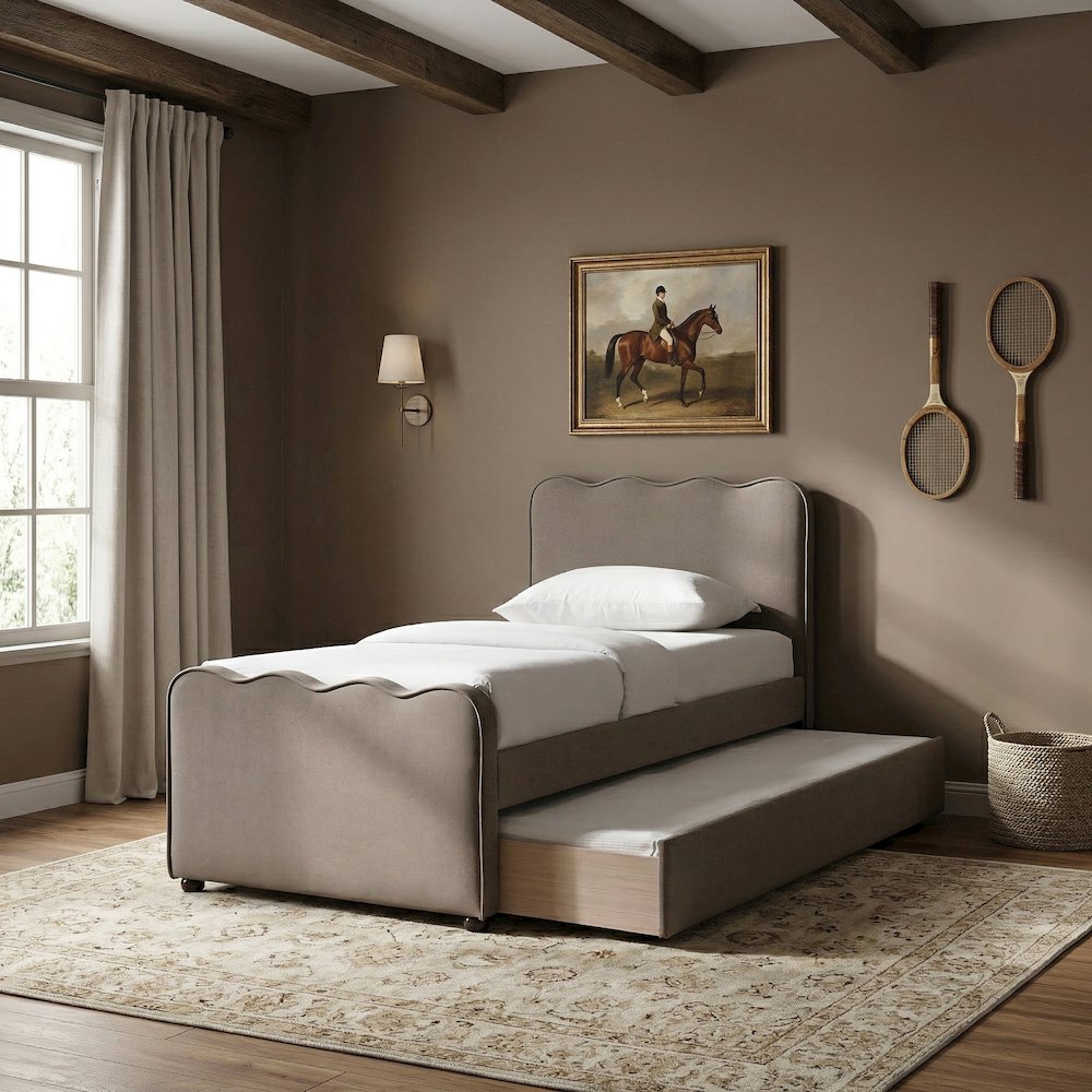 Gatsby Taupe Mohair Velvet Upholstered Twin Trundle Bed