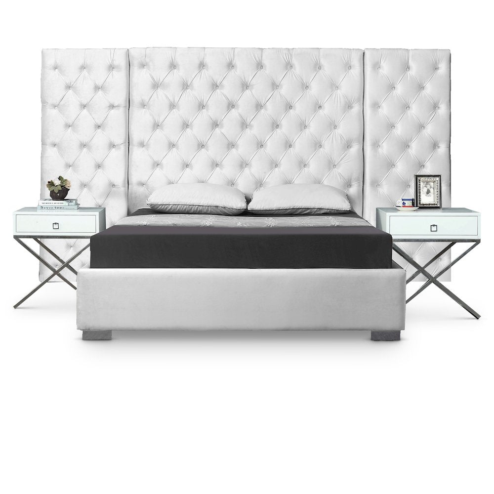 Grande White Velvet Queen Bed