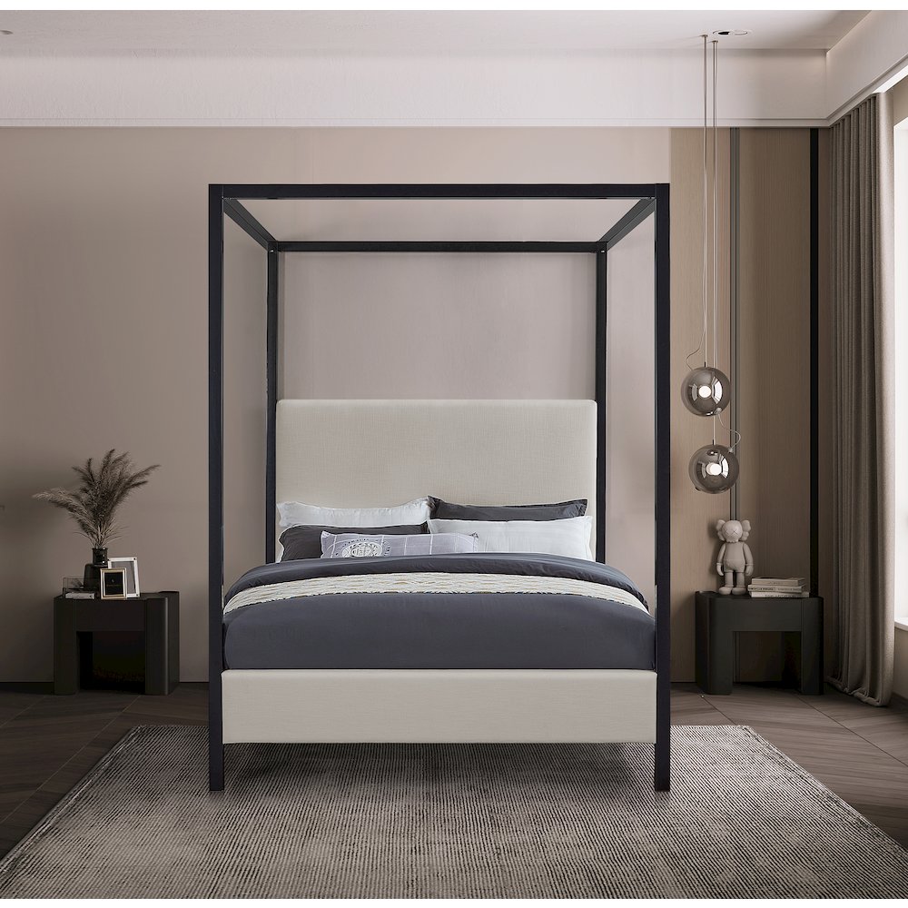 Canopy King Platform Bed Frame with Headboard, Beige Linen Textured Fabric
