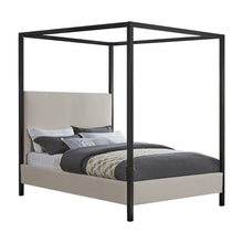 Canopy King Platform Bed Frame with Headboard, Beige Linen Textured Fabric