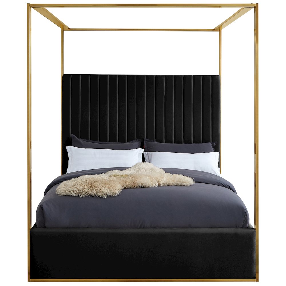 Velvet Upholstered Platform Bed Frame with Canopy Headboard, Black Velvet, Queen