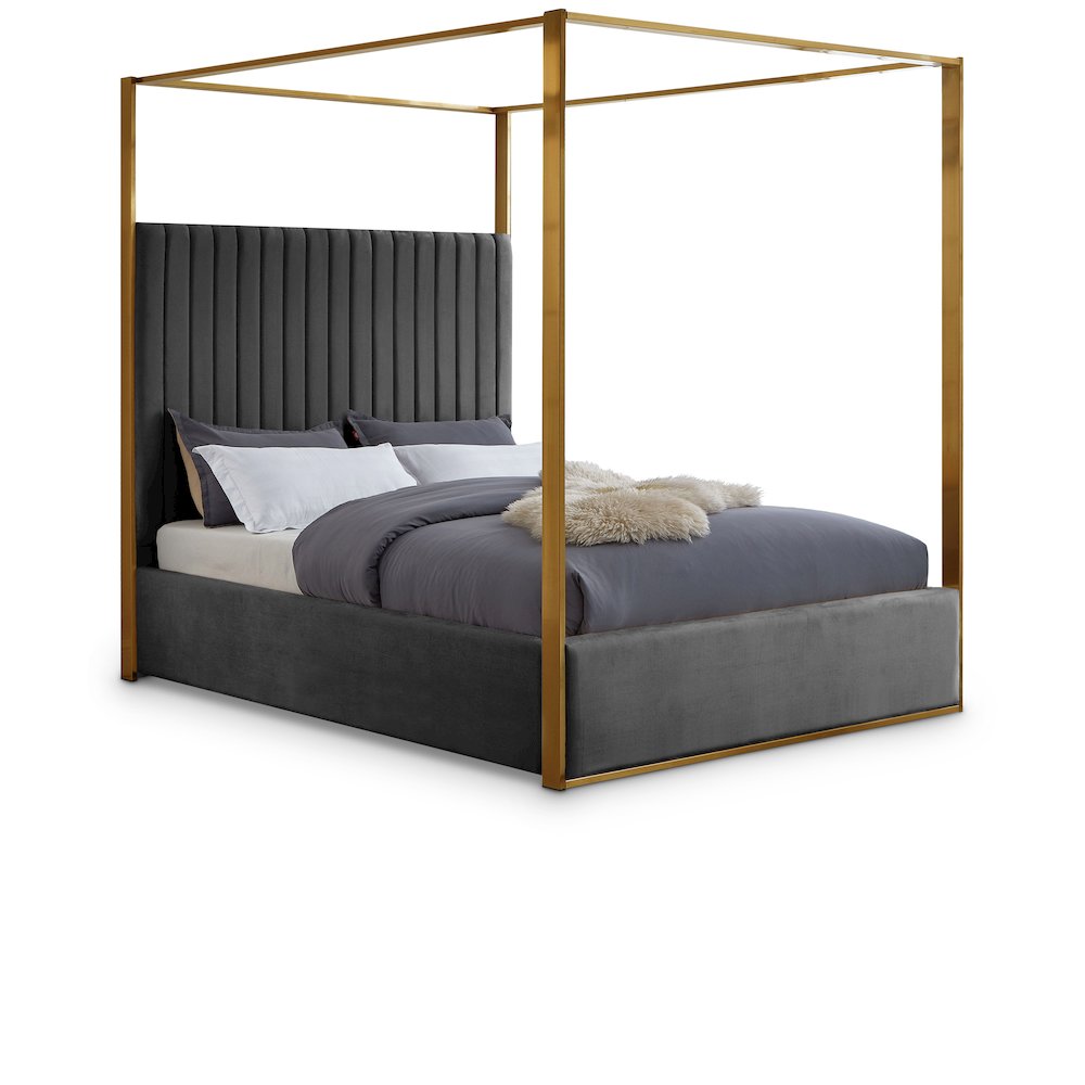 Velvet Upholstered Platform Bed Frame with Canopy Headboard, Grey Velvet, Queen