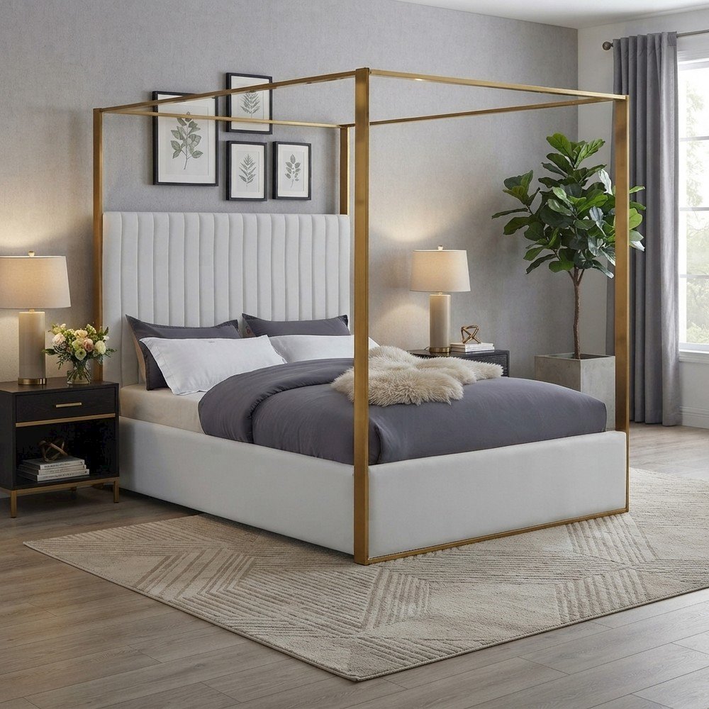 Vegan Leather King Platform Bed Frame with Tufted Headboard, White Vegan Leather