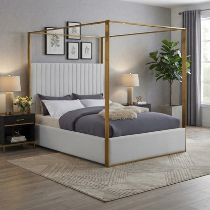 Vegan Leather King Platform Bed Frame with Tufted Headboard, White Vegan Leather