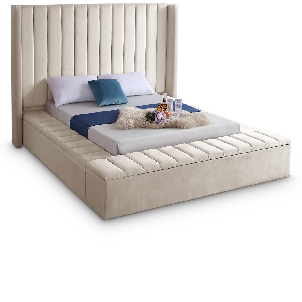 Velvet King Platform Bed Frame with Tufted Wingback Headboard, Cream Velvet