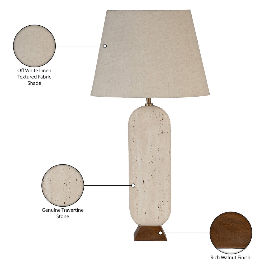 Solis Travertine / Walnut, Travertine & Walnut Wood Base, Linen Shade Table Lamp