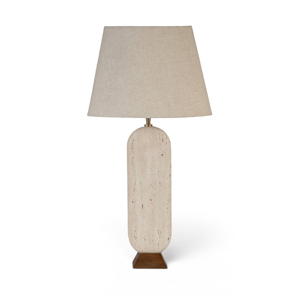Solis Travertine / Walnut, Travertine & Walnut Wood Base, Linen Shade Table Lamp