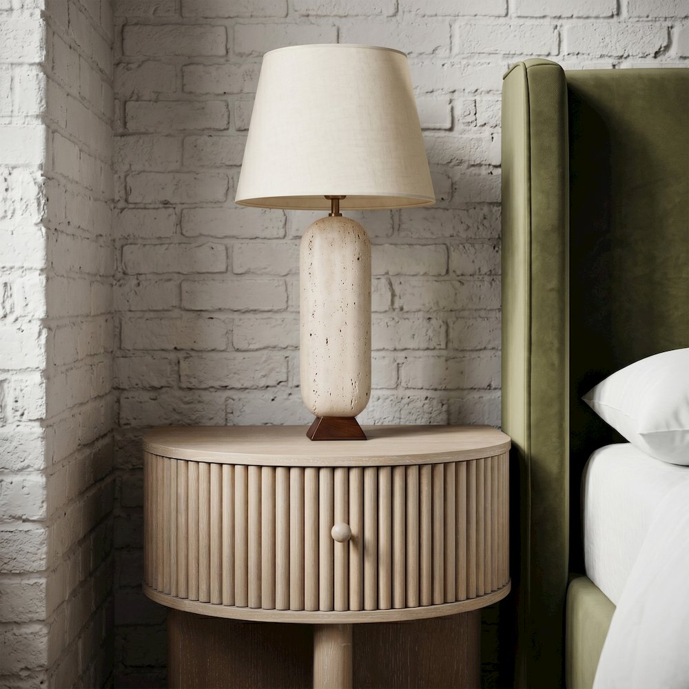 Solis Travertine / Walnut, Travertine & Walnut Wood Base, Linen Shade Table Lamp