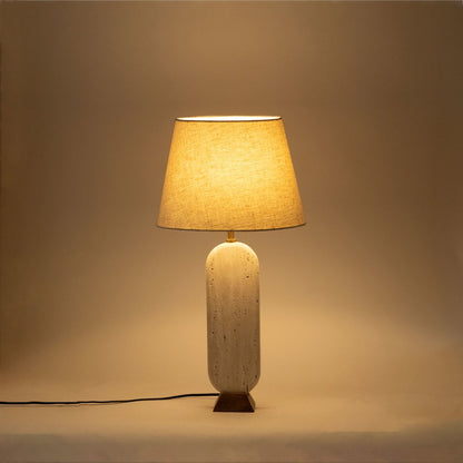 Solis Travertine / Walnut, Travertine & Walnut Wood Base, Linen Shade Table Lamp
