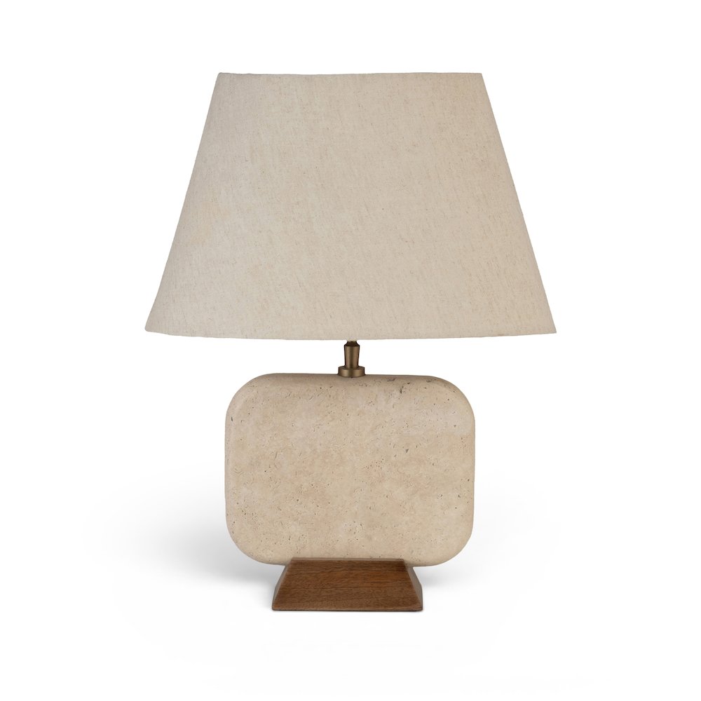 Solis Travertine / Walnut, Travertine & Walnut Wood Base, Linen Shade Table Lamp