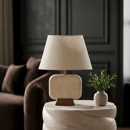 Solis Travertine / Walnut, Travertine & Walnut Wood Base, Linen Shade Table Lamp