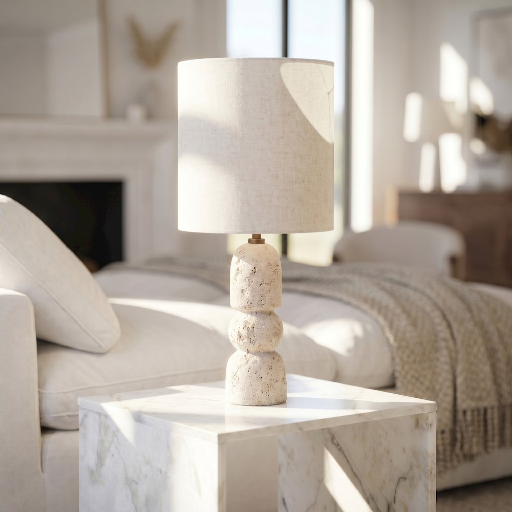 Paros Travertine / Natural Marble Base And Cotton Shade Table Lamp