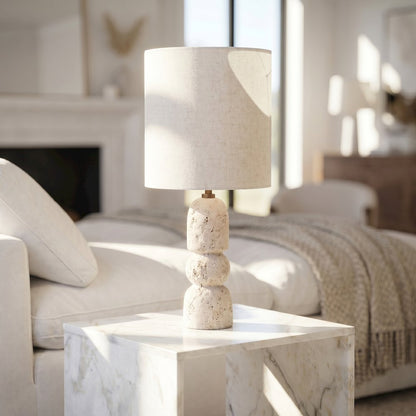 Paros Travertine / Natural Marble Base And Cotton Shade Table Lamp
