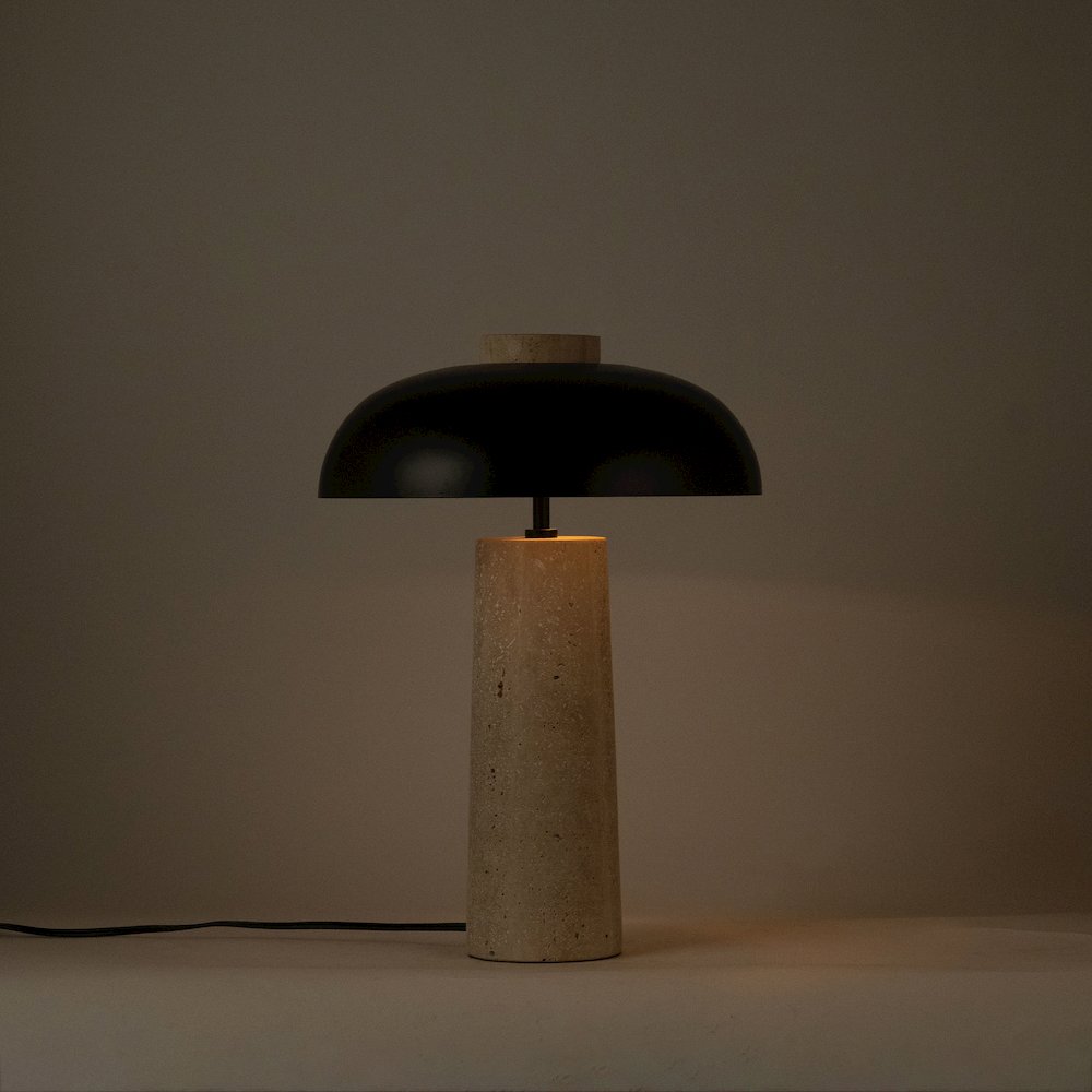 Arcadia Travertine / Black Travertine Base And Iron Shade Table Lamp