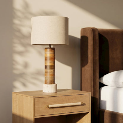 Orenda Travertine / Natural Mango Wood Base And Linen Shade Table Lamp