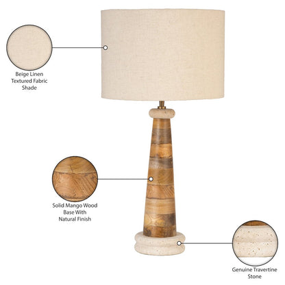 Palea Travertine / Natural Mango Wood Base And Linen Shade Table Lamp