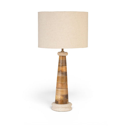 Palea Travertine / Natural Mango Wood Base And Linen Shade Table Lamp