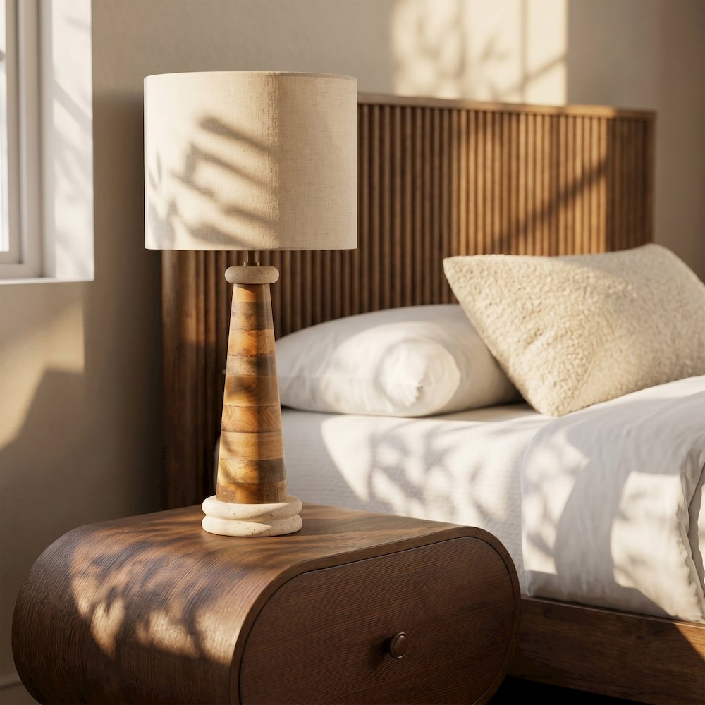 Palea Travertine / Natural Mango Wood Base And Linen Shade Table Lamp