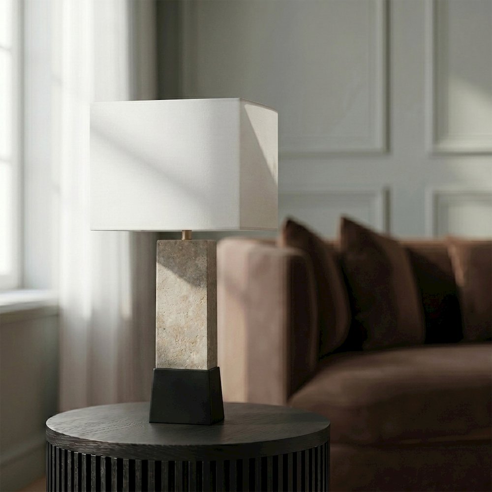 Vellara Grey / Beige / Black Travertine Base And Linen Shade Table Lamp