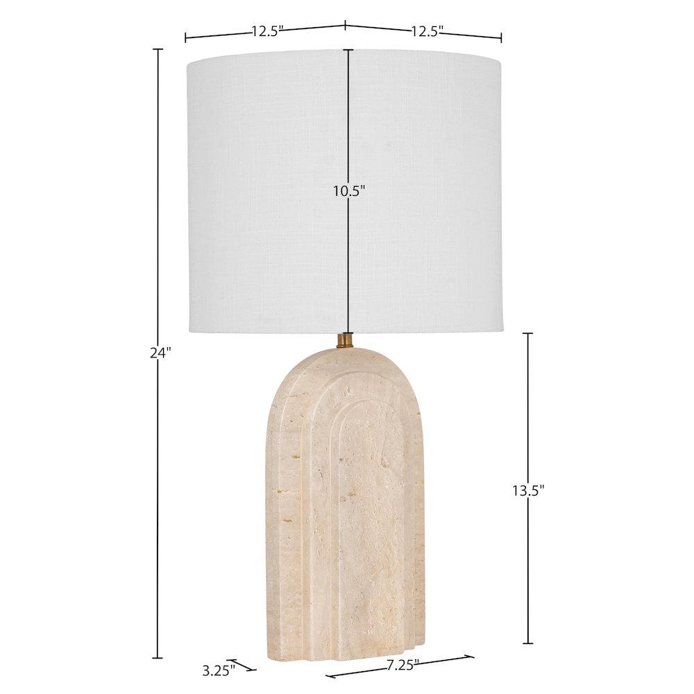 Caldera Beige Travertine, Linen Textured Fabric And Brass Table Lamp