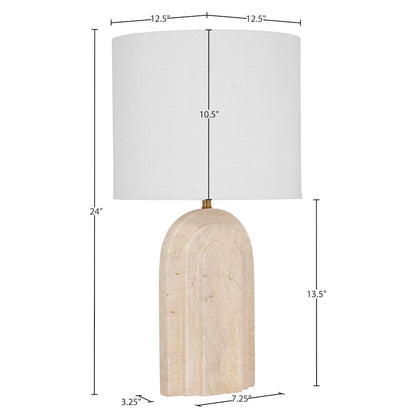 Caldera Beige Travertine, Linen Textured Fabric And Brass Table Lamp