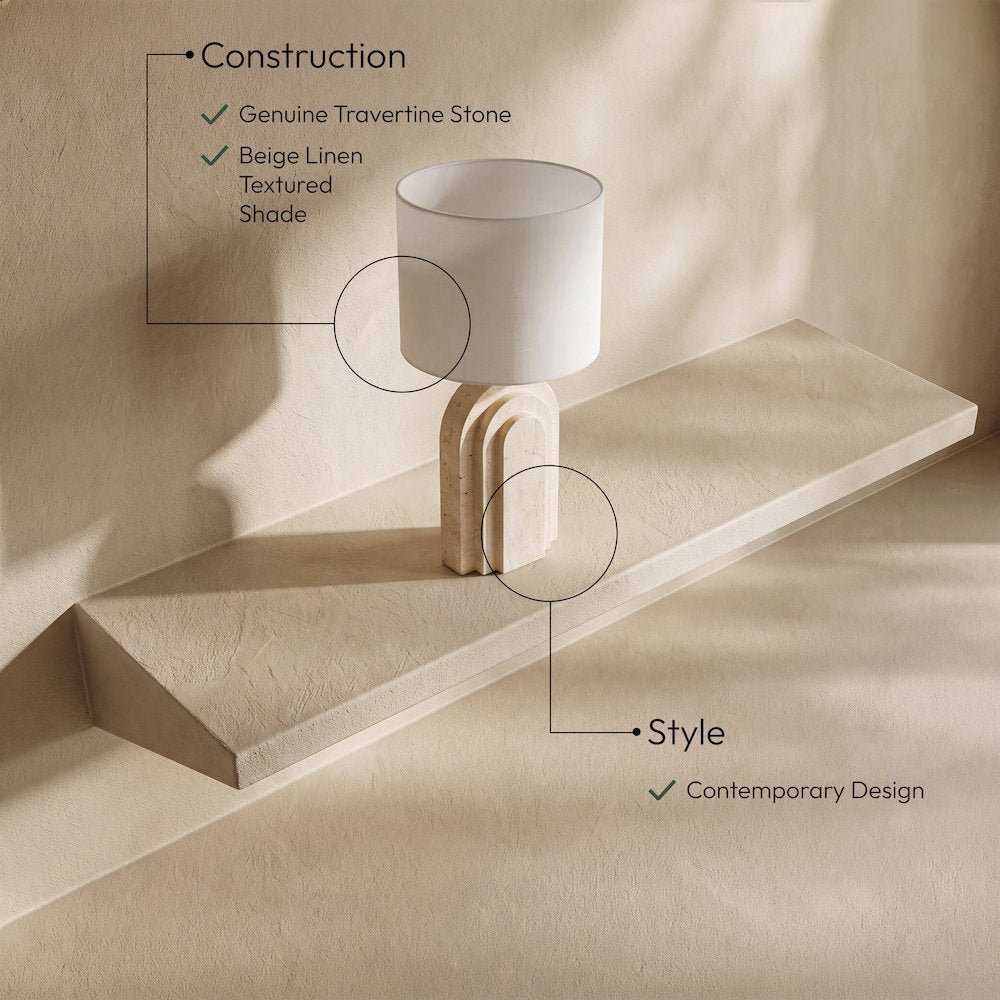 Caldera Beige Travertine, Linen Textured Fabric And Brass Table Lamp