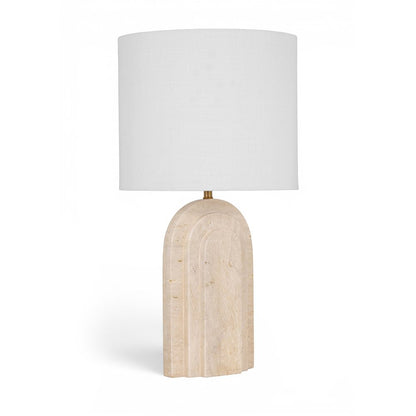 Caldera Beige Travertine, Linen Textured Fabric And Brass Table Lamp