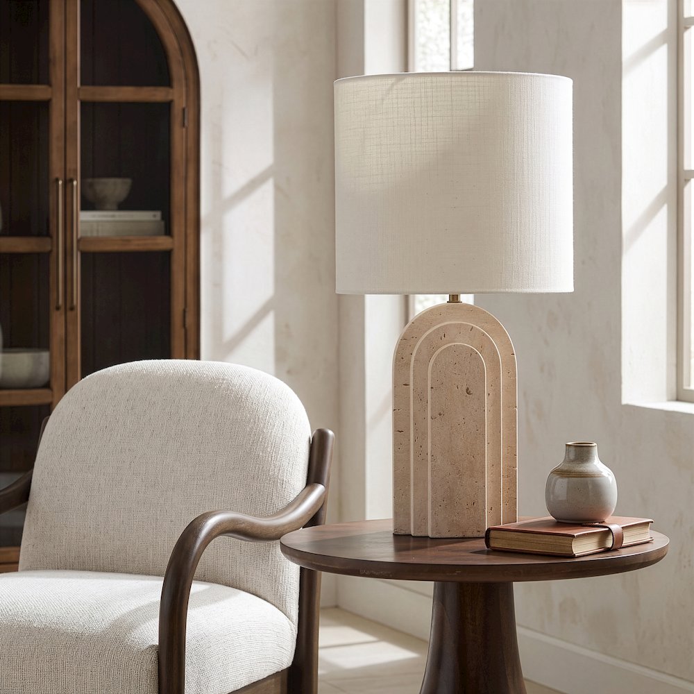 Caldera Beige Travertine, Linen Textured Fabric And Brass Table Lamp