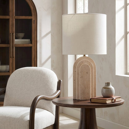 Caldera Beige Travertine, Linen Textured Fabric And Brass Table Lamp