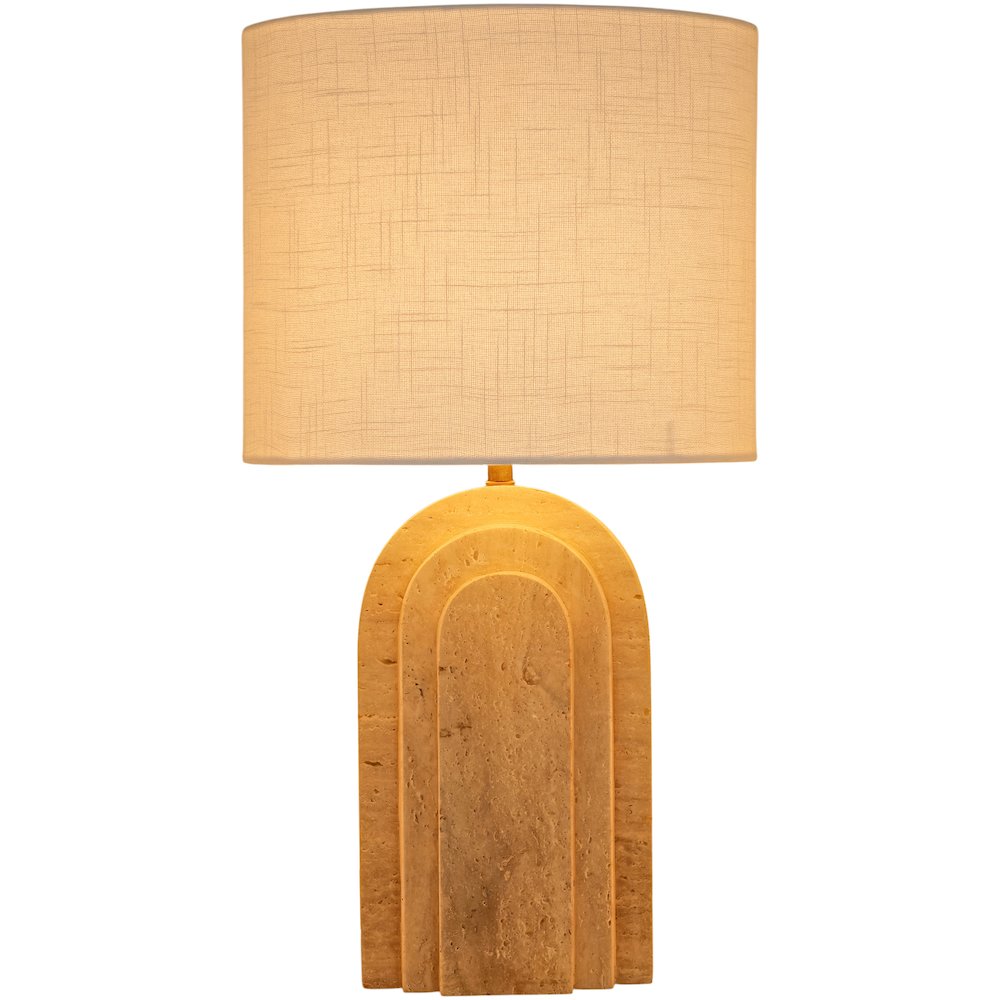 Caldera Beige Travertine, Linen Textured Fabric And Brass Table Lamp